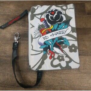 Ed Hardy Zip Up Makeup Cosmetics Bag Pouch Pencil Holder Canvas Tattoo Print
